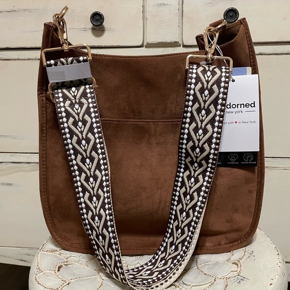 Brown Suede Bag with Patterned Strap - Picture 5 of 5